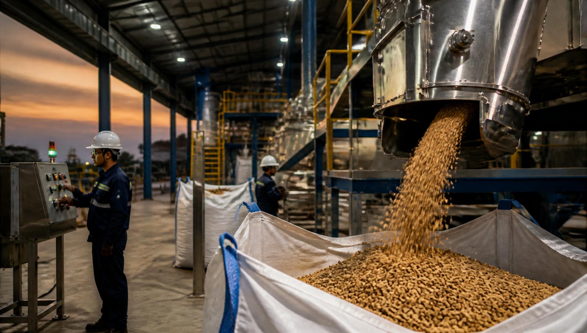 Indonesian biomass wood pellet manufacturing facility at dusk