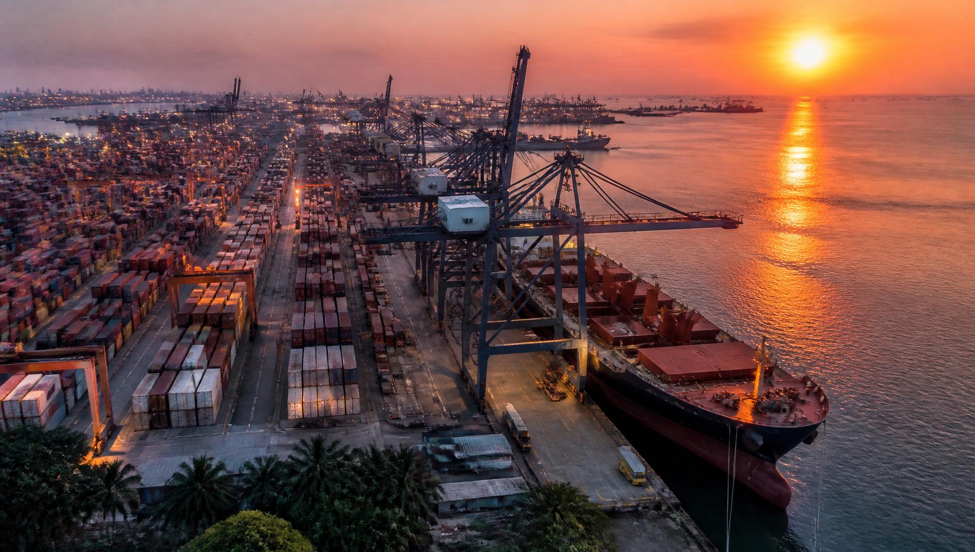 Indonesian container port at dusk