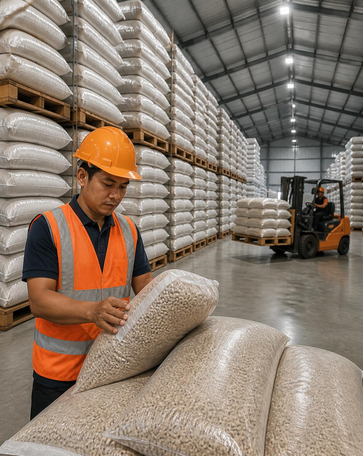 Indonesian warehouse worker inspecting wood pellet bags